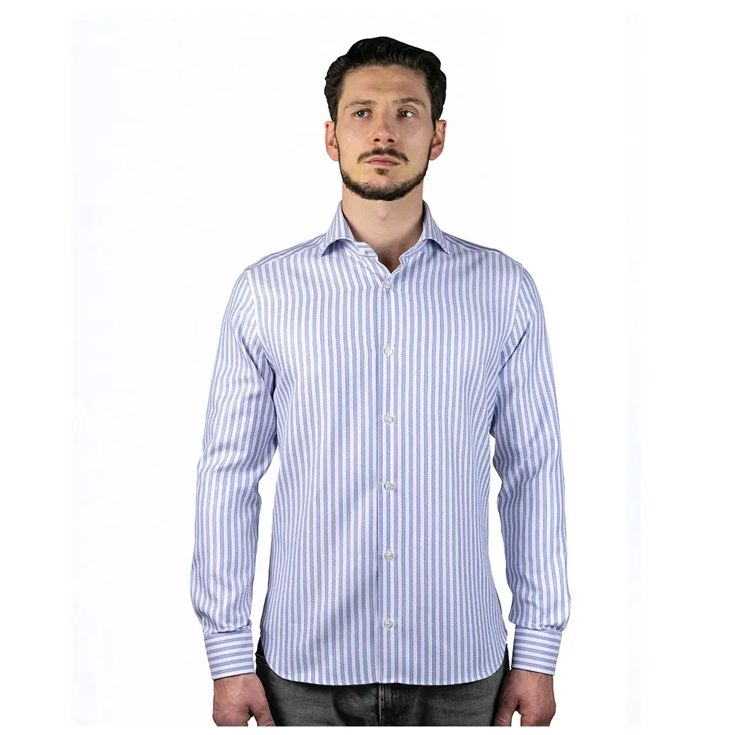 Men shirt in 100% high quality double twisted cotton chevron white and light blue stripes following the Made in Italy tradition