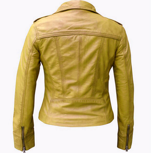 Elegante chaqueta de cuero de piel de oveja amarilla para mujer teñida lisa con diseño de moda - Product Image 6