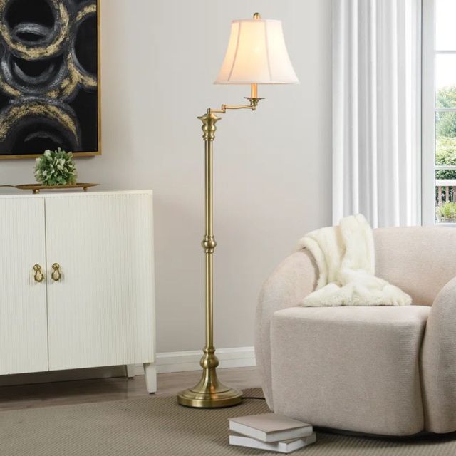 Annarae 62'' Swing Arm Floor Lamp with Adjustable Arm Metallic Finish Cream Linen Bell Shade for Living Room Bedroom Office