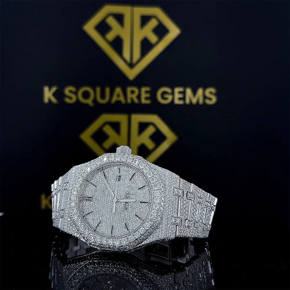 Jam tangan Hip Hop Unisex bertatahkan berlian Moissanite Clarity VVS otomatis mewah kualitas baik dari India