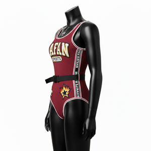 ชุดว่ายน้ำผู้หญิงผ้าโพลีเอสเตอร์ผสมสแปนเด็กซ์คุณภาพพรีเมียม สีแดงเลือดหมู แต่งแถบข้างสีขาว ปักโลโก้ตามสั่ง - Product Image 3