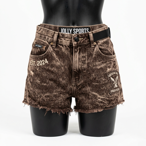 Shorts de mezclilla para hombre, color marrón oscuro, lavado ácido, 380 GSM, algodón pesado, dobladillo sin rematar, logo estampado vintage, shorts de mezclilla para mujer con lavado ácido - Product Image 4