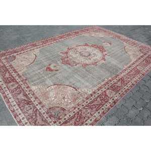Vintage Turkish Oversize Rug 7.8x11.3 ft, <b>Red</b> Gray Floral <b>Wool</b> Rug - Product Image 3