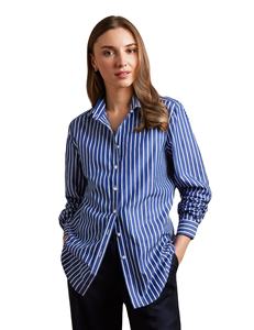 Camisa de mujer a rayas de algodón satinado, estilo oversized, corte relajado, manga larga, informal, con opción de personalización. - Product Image 1