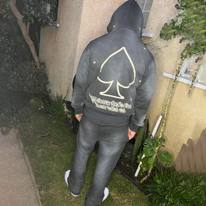 Ensemble de survêtement 2 pièces pour homme, coupe oversize personnalisée, en molleton bouclette respirant, délavé à l'acide, style vintage, avec pantalon évasé et sweat à capuche - Product Image 2