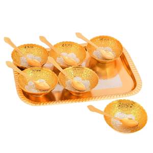 Juego de cuencos chapados en oro y plata alemana de lujo con 6 cuencos, 6 cucharas y 1 bandeja con caja de terciopelo real disponible para la venta - Product Image 4