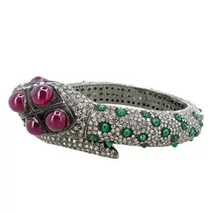 Bracelet jonc serpent émeraude en or 14 carats et argent sterling 925 avec diamants pavés naturels et pierres précieuses avec yeux de rubis fournisseur de bijoux fins