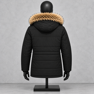 Chaqueta Larga Acolchada Negra para Hombre con Capucha de Piel, Cortavientos, Informal, para Invierno - Product Image 2
