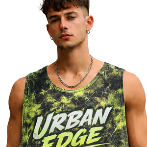 Camiseta sin mangas verde tie-dye para hombre con tipografía urbana, estilo moderno, streetwear, fitness, mockup - Product Image 3