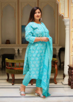 Kadınlar için Güzel Hint Parti Festivali Kıyafeti Çiçek Baskılı Dantel Püsküllü 3 Parçalı Pamuklu Kurta Takımı Pantolon Dupatta