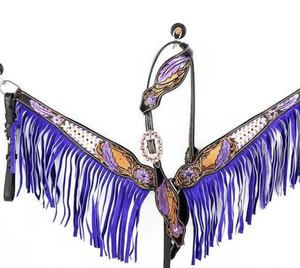 Ensemble d'équipement équestre en cuir fait main de haute qualité, très vendu, avec tête de bride et harnais sculptés avec franges au meilleur prix - Product Image 1