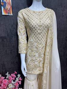 Ensemble indien à paillettes brodées Sharara Gharara Kurti Designer pakistanais vêtements ethniques 3 pièces en tissu Georgette cousu - Product Image 4