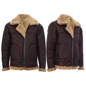 Chaqueta de cuero genuino con solapa integrada de piel y chaqueta Sherpa de Bolsillo grande Chaqueta de cuero de piel de oveja para hombre - Product Image 1