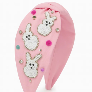 Handmade 2025 Pink Bunny Beaded <b>Headband</b> for Women Girls <b>Cute</b> Pearl Rhinestone Embroidered Fabric Hair Accessory Fashion - Product Image 1