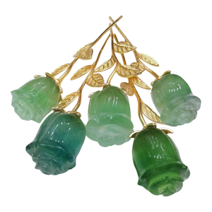 Ramo de Flores de Tulipán de Cuarzo Rosa con Hojas Doradas |   Decoración Floral de Cristal Rosa Hecha a Mano |   Elegante Adorno de Piedras Preciosas para el Hogar, Regalo - Product Image 2