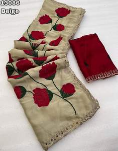 ผ้าส่าหรีงานปักลายรังโกลีสำหรับผู้หญิง ผ้าจอร์เจตต์ แต่งกระจกและขอบลายฉลุ ผลิตในอินเดีย - Product Image 3