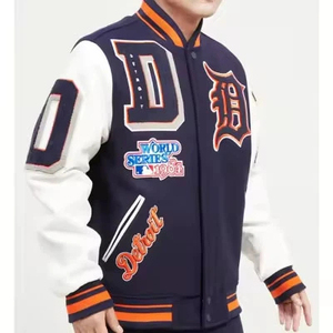 Varsity <b>Jacket</b> <b>Men's</b> Embroidered Letter Patch Design Navy <b>White</b> Cotton Polyester Zipper Front - Product Image 1