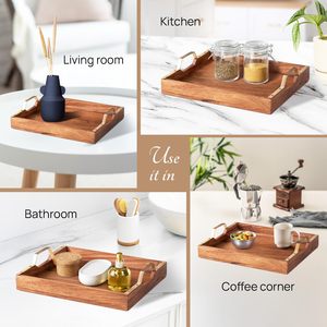 Plateau de service en bois pour en-cas, style moderne, couleur dorée, poignées métalliques, articles de cuisine, écologique, qualité commerciale, restauration - Product Image 3