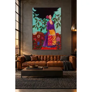 Fida, jeune fille en blouse violette devant des branches feuillues, impression sur toile - Product Image 5