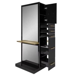 Estación de Espejo Negra para Salón de Belleza, Mueble de Peluquería con Cajones y Estante Dorado, Mobiliario Comercial para Barbería - Product Image 2