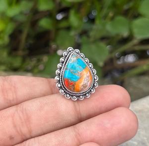Artisan fait à la main 925 argent Sterling huître épineuse cuivre Turquoise bague en pierres précieuses Boho vacances bijoux cadeau personnalisé pour elle - Product Image 3