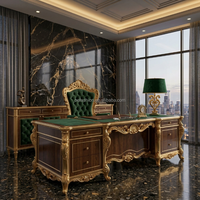 OE-FASHION Ensemble de mobilier complet pour chambre principale de villa, lit rond en velours vert émeraude de style baroque, bois sculpté à feuilles d'or