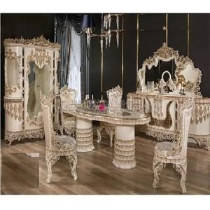 Ensemble de table à manger italienne de luxe classique en bois royal sculpté à la main ensemble de table à manger 6 places en bois de teck royal ensemble de salle à manger royal - Product Image 1