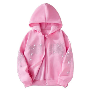 <b>Pink</b> Rhinestone Zip Up Hoodie 480GSM Heavyweight 100% Cotton Fleece Oversized Streetwear Full Zip Custom Logo Wholesale Price - Product Image 1