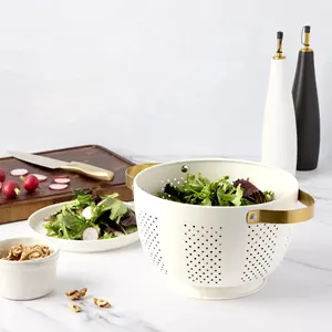 OE Bulk Stainless-Steel Colander in Cream Color with <b>Gold</b> Handles Wholesale Drainage Basket for Home, Hotels & Restaurants - Product Image 1