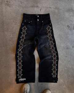 กางเกงยีนส์ทรงขาบานสไตล์วินเทจคุณภาพสูงสั่งทำขายส่ง งานถักทออย่างดี สตรีทแวร์ ล้างสีแบบสโตนวอช ประดับเพชรเม็ดกลาง สำหรับฤดูใบไม้ร่วงและฤดูหนาว - Product Image 4