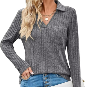 Camiseta de Manga Larga a Rayas para Mujer, Cómoda, de Punto, con Cuello Polo, para Primavera y Otoño, Informal, Sólida, Transpirable - Product Image 1