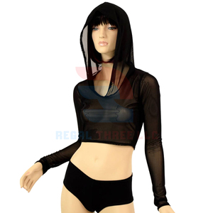 Jersey corto de manga larga con capucha de secado rápido ligero recortado Sheer Mesh Hoodies Top Ladies Sexy Sleep Night See Through Hoodie - Product Image 1