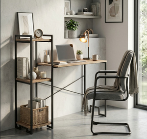 Bureau d'ordinateur moderne industriel avec étagère, surface en bois, structure métallique, table de travail pour bureau à domicile, bureau d'étude, poste de travail, bureau d'écriture - Product Image 2