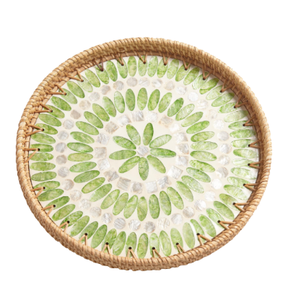 Bandeja Redonda Decorativa de Ratán Tejida a Mano con Incrustaciones Florales de Nácar, para el Hogar, Mesa, de Vietnam - Product Image 3