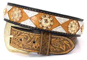 Conchos Western Ceinture robuste pleine fleur en cuir de vache de qualité supérieure Ceintures de luxe aux motifs de perles personnalisées Prêt à expédier Unisexe - Product Image 2