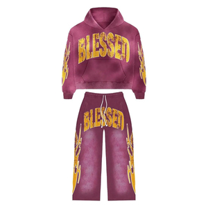 OEM logotipo personalizado impreso transpirable sólido ácido lavado sol desteñido recortado con capucha pantalón 2 piezas de algodón ligero de lana de gran tamaño - Product Image 2