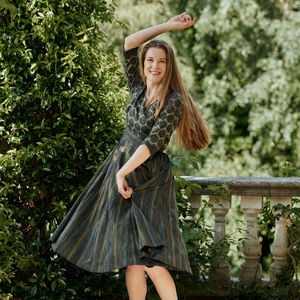 Robe Mandali Imprimée à la Main, Longueur Cheville, Bohème, Vert Bleu, Coton Floral, Robe Casual Occasionnelle, Fait Main - Product Image 1