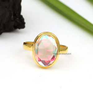 Belle Tendance 18K Plaqué Or 925 Argent Ange Aura Quartz Pierre 10x14mm Forme Ovale Éternité Vermeil Bague de Mariage pour Femme - Product Image 2