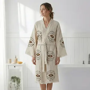 Bata de Baño Unisex de Algodón Ligero, Tejido de Lino, Secado Rápido, Transpirable, Primavera Verano, Color Liso, Talla XL, Hecho en Turquía, Ropa de Dormir y Descanso - Product Image 1