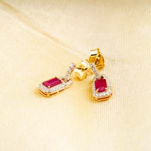 Pendientes de oro de 14 quilates con rubí natural y diamantes, pendientes de rubí con corte esmeralda, pendientes de doble halo con diamantes, pendientes colgantes de oro de 14 quilates - Product Image 4
