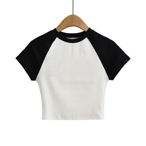 Logo imprimé personnalisé femmes haut court T-Shirt col rond respirant anti-rides teint uni motif cachemire - Product Image 4