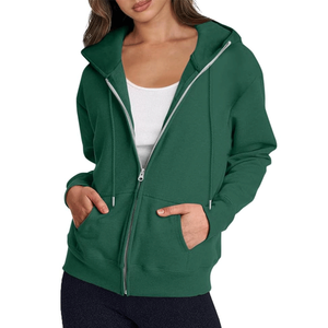 Sweat-shirts à capuche 100 % coton pour femmes avec poches, manteau pull zippé d'hiver, couleur unie, respirant, décontracté, imprimé - Product Image 4