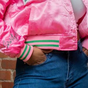 AKA pembe Vintage mahsul bombacı ceket yunan giyim saten Flyest bakmak kaburga manşetleri işlemeli yamalar zamansız Sorority tarzı - Product Image 3