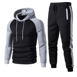 Men's Color Blocking Hooded Tracksuit Set Black Gray Full Sleeve Casual Sportswear with Drawstring Pants and Side Pockets - Product Image 1