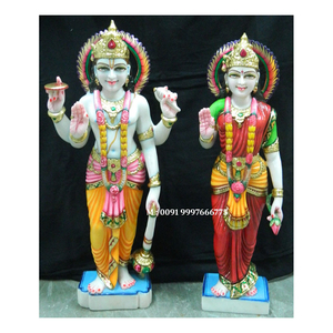 Exportadores de estatuas de la diosa Laxmi Narayan de mármol blanco indio en posición de pie con manos sobre el chakra y la gada para decoración de templos - Product Image 1