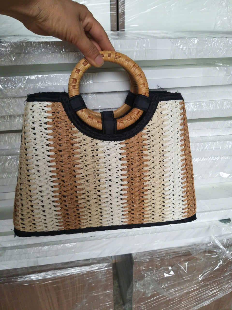 Factory Wholesale Bamboo Handle Handbags Young Lady Woven Bags
