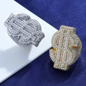 Bague en laiton plaqué or 18 carats avec symbole dollar micro-pavé de zircons, style hip-hop, personnalisable, bijou de créateur pour homme - Product Image 3