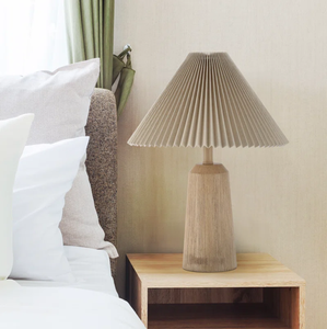 20.5 Rustic Scandinavian LED Table <b>Lamp</b> Resin/Iron Lighthouse with Pleated <b>Shade</b> Solid Walnut Wood Body Fabric-Desk <b>Lamps</b> - Product Image 1