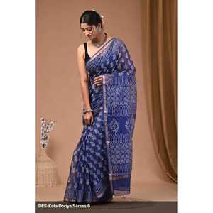 Sari de Seda Banarasi con Estampado de Bloques Kota Dorriya, Estilo Étnico Indio, Talla Única, para Fiestas, a Bajo Precio - Product Image 1