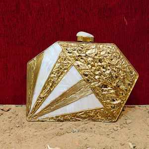 Handcrafted Mother of <b>Pearl</b> Panelled <b>Clutch</b> with Gold Textured Frame and Crystal Accents Luxury Evening <b>Bag</b> - Product Image 1